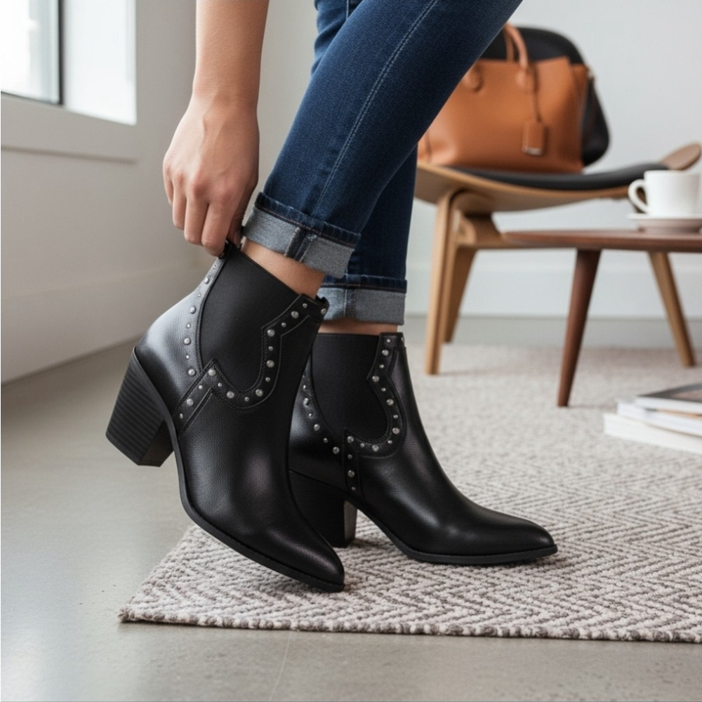 Sun + Stone Modern Studded Western Boots Booties SZ 9 M BLACK - Picture 15 of 16